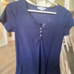 Navy Button Short Sleeve Round Neckline